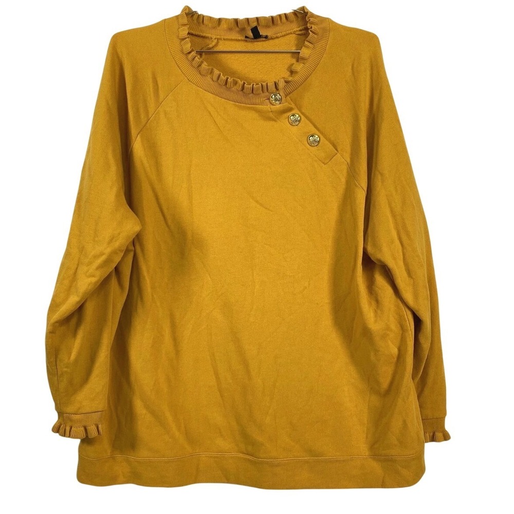 Talbots Sweatshirt Womens 2X Mustard Yellow Ruffle Neck Cuff Gold Buttons Plus